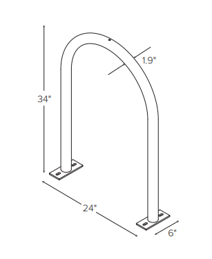 Metal bike rack with curved hoop design and mounting plates for secure bicycle parking