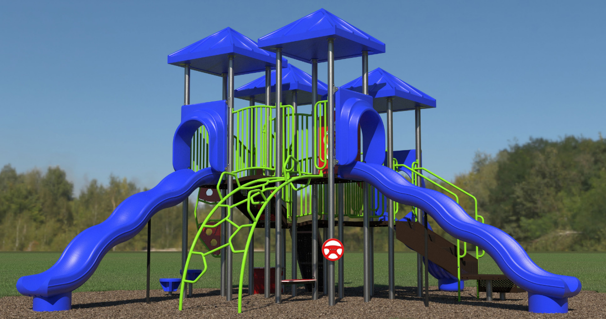Outdoor playground structure with blue wave slides, green climbing frames, multiple platforms, and shaded roofs.