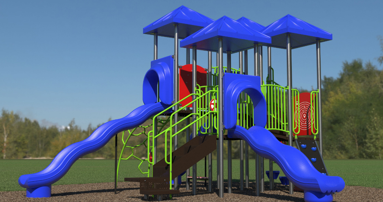 Colorful outdoor playground with blue wave slides, green climbers, red activity panels, and interactive play features on grass.
