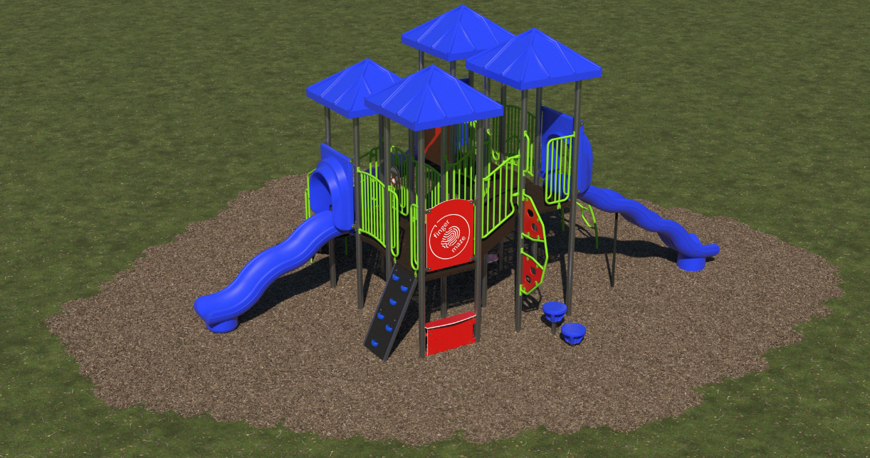 Colorful playground with blue wave slides, stegosaurus and rockwall climbers, stepping stones, and interactive play panels on mulch surface