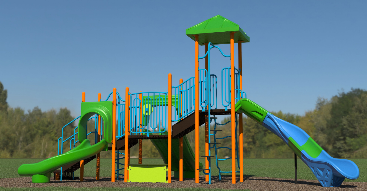 Colorful outdoor playground with green and blue slides, orange climbing poles, and a green roof structure