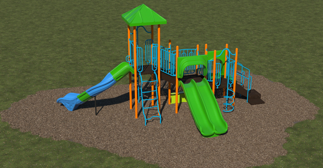 Colorful playground structure with green double slide, blue and green curved slide, orange and blue climbing bars, and green roof on mulch surface