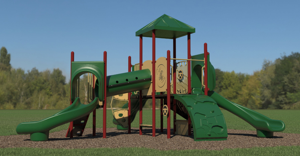 Green and red playground structure with slides, crawl tunnel, climbing panels, and interactive play features on mulch ground