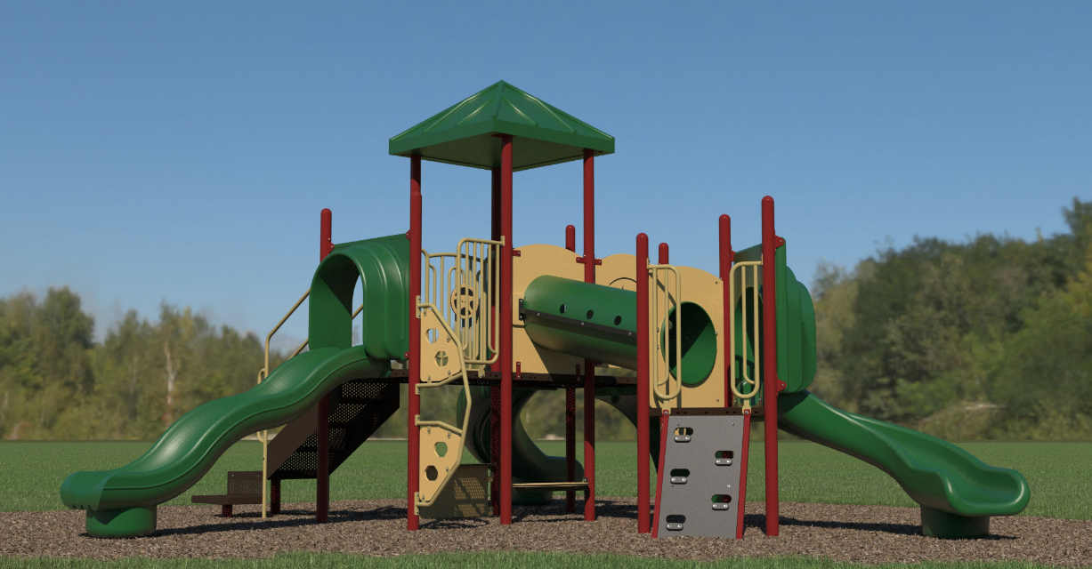 Green and tan playground structure with slides, climbing wall, crawl tunnel, shaded platform, and interactive play panels on grass