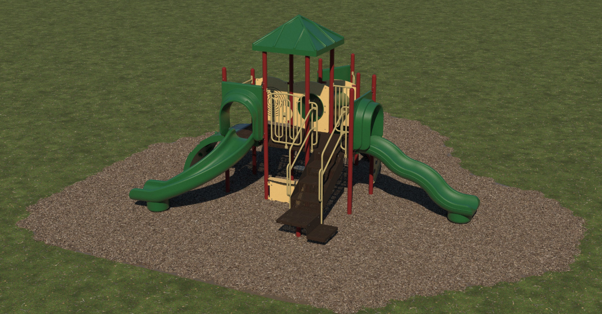 Green and beige playground structure with slides, climbing stairs, peaked roof, and mulch surface