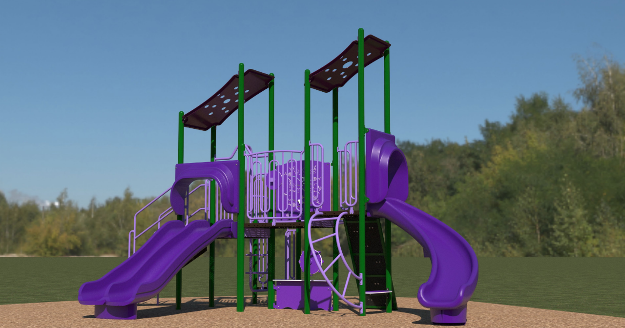 Purple and green playground structure with double scoop slide, curved twister slide, climbing panels, and overhead ladder