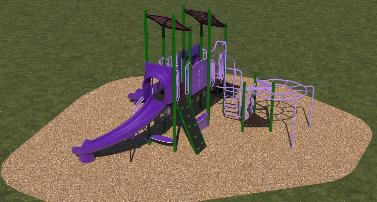Purple and green playground structure with slides, climbing panels, overhead circular ladder, and wood chip ground surface