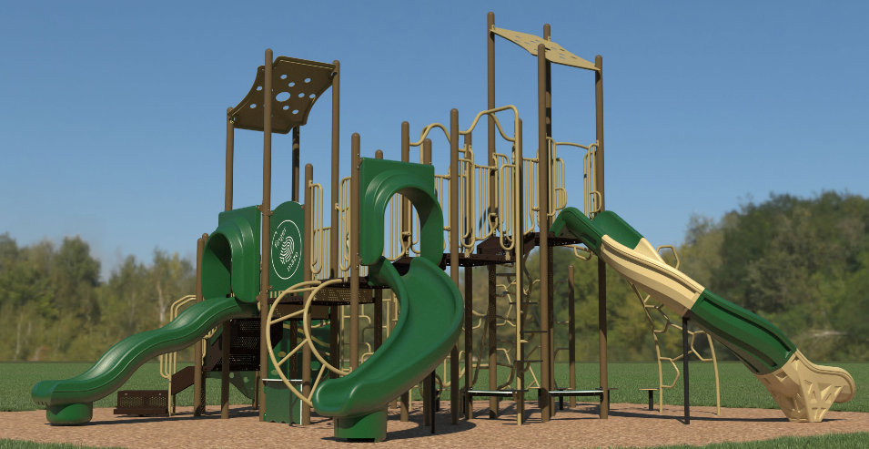 Outdoor playground structure with multiple green slides, diverse climbing elements, and interactive play panels under clear blue sky