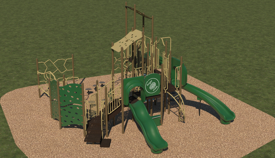 Outdoor playground with multiple green slides, diverse climbing structures, and interactive play panels on mulch surface