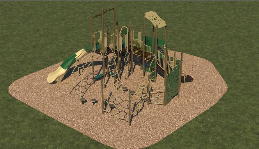 Elevated playground structure with multiple slides, climbing nets, interactive panels, and platforms on wood chip surface