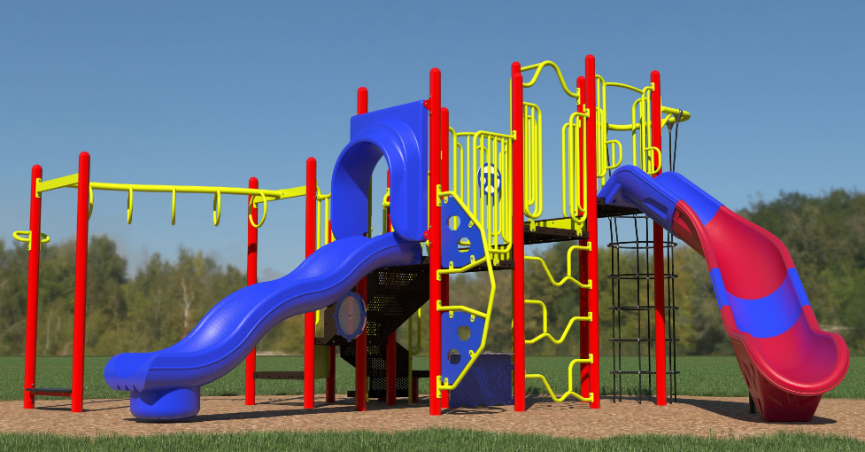 Colorful outdoor playground with slides, climbing panels, monkey bars, steering wheel, and finger maze on grass