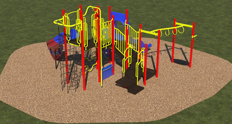 Colorful outdoor playground with slides, climbers, monkey bars, and interactive panels on wood chip ground