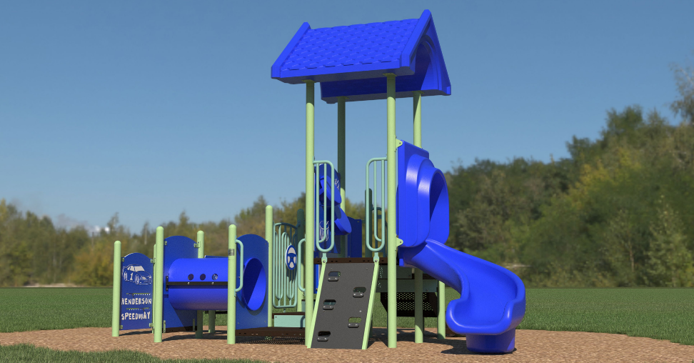 Blue and green kids playground with twister slide, crawl tunnel, climber, and interactive play panels on grass