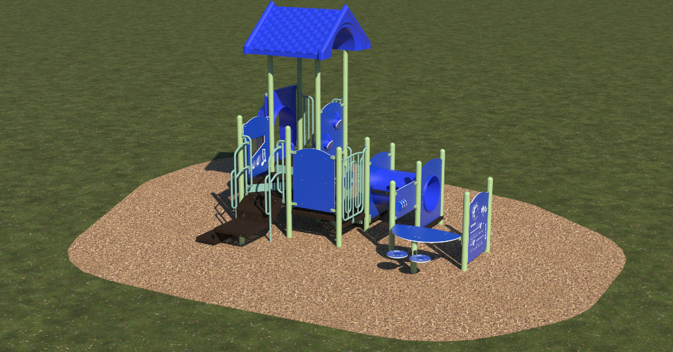 Blue and green kids playground with roofed platform, crawl tunnel, interactive panels, pod seats, and mulch surface