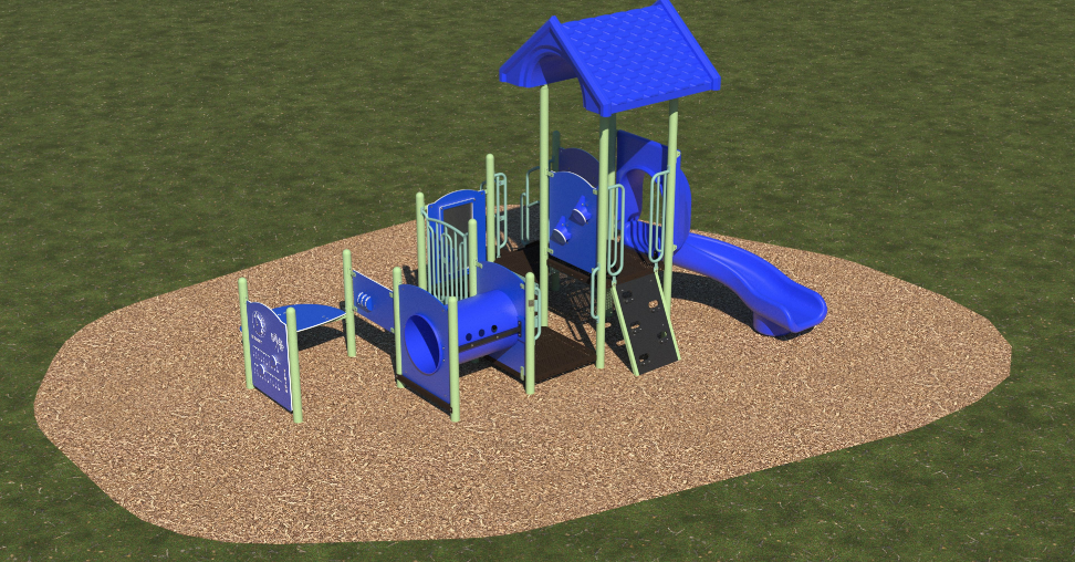 Blue and green kids playground with slide, crawl tunnel, climbing wall, and interactive play panels on wood chip surface