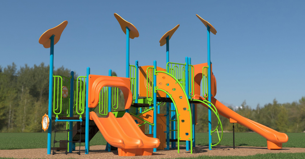 Colorful outdoor kids playground with orange slides, green climbing bars, blue support poles, and interactive play panels under clear sky