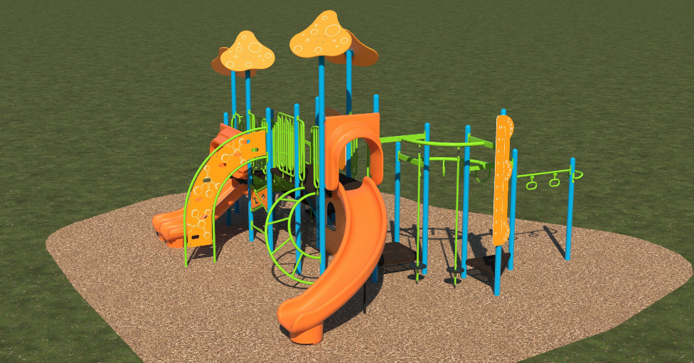 Colorful kids playground with orange slides, green climbing structures, blue support poles, and interactive play panels on mulch surface