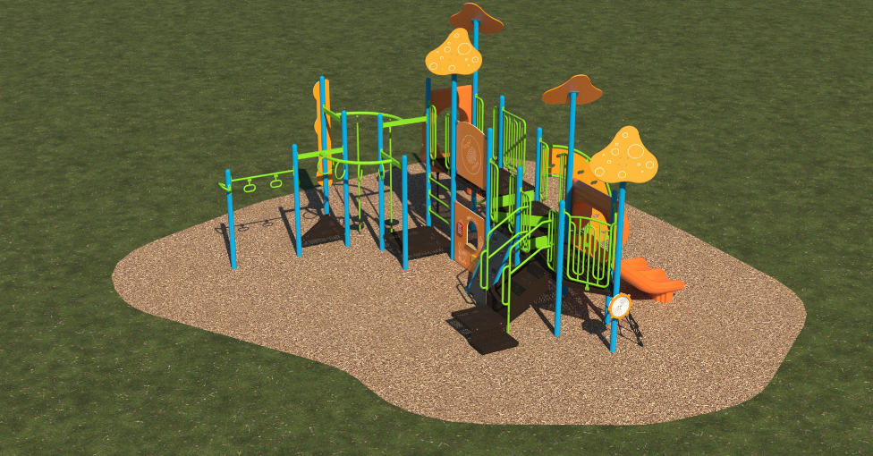 Colorful kids playground with slides, climbing panels, monkey bars, interactive play features on mulch surface