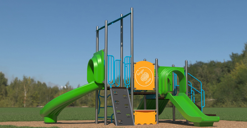 Outdoor green and blue playground structure with slides, climbing walls, tunnel, and interactive finger maze panel