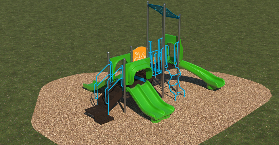 Elevated playground structure with green slides, blue climbing frames, and interactive panels on wood chip ground