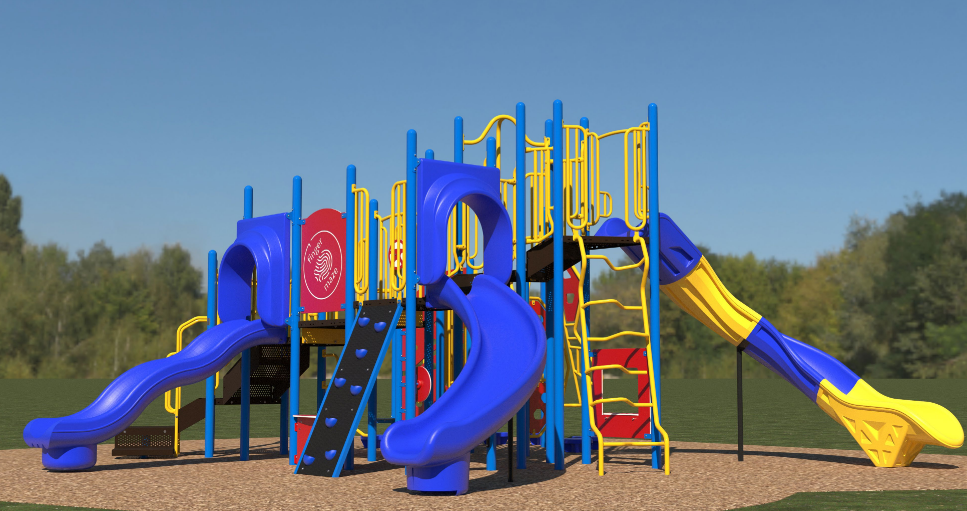 Blue and yellow commercial playground with multiple slides, climbers, ladders, and activity panels on mulch surface