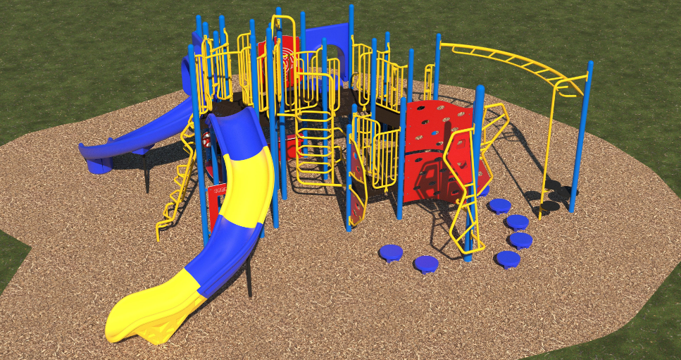 Outdoor commercial playground with multiple slides, rock wall climbers, arched monkey bars, stepping pods, and climbing structures on mulch