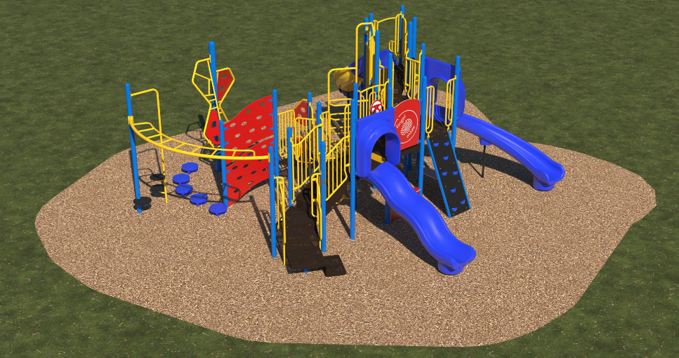 Outdoor commercial playground with three blue slides, red climbing walls, yellow railings, ring climbers, overhead ladder, and stepping stones on mulch