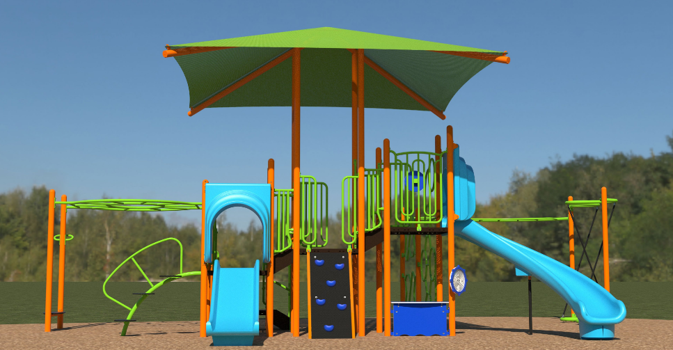 Colorful tropical-themed playground with slides, climbing walls, overhead ladders, rope balance bars, and a large green canopy.