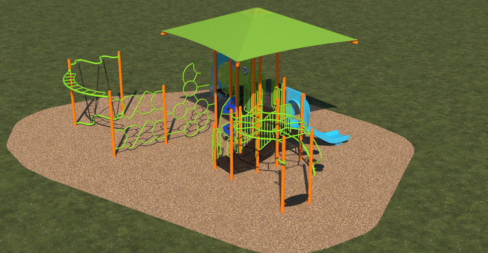 Colorful tropical-themed playground with slides, climbing structures, overhead ladders, rope balance bars, and a green canopy from an angled aerial view