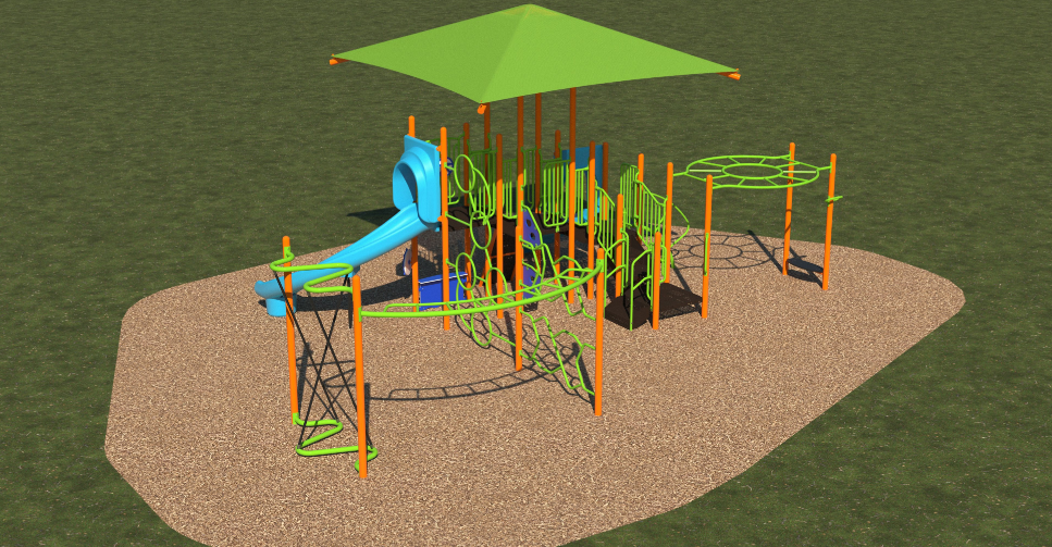 Colorful tropical-themed playground with slides, climbing structures, overhead ladders, and a shade canopy on mulch surface