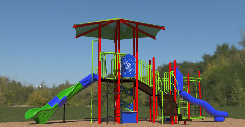 Colorful outdoor playground with slides, climbers, interactive panels, and a large canopy for shade