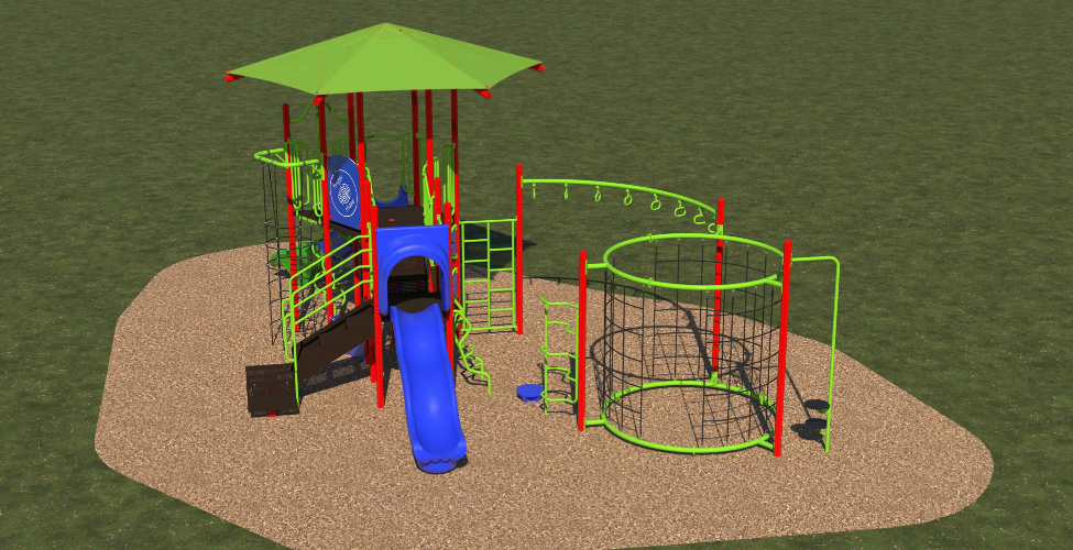 Colorful jungle-themed playground with slides, climbers, monkey bars, shaded canopy, and mulch surface