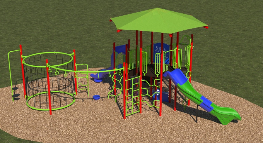 Colorful jungle-themed playground with slides, climbers, netting, interactive panels, and a mulch surface