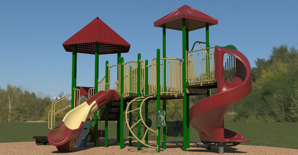 Outdoor playground with spiral, wave, and twister slides, climbing panels, shaded platforms, and interactive play features in red, green, and beige.