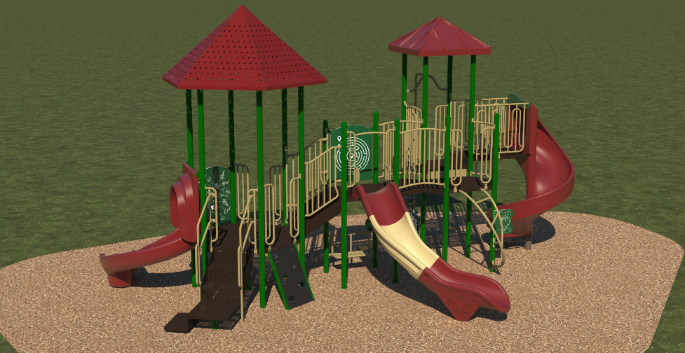 Outdoor playground with multiple slides, climbing structures, interactive panels, covered platforms, and mulch surface