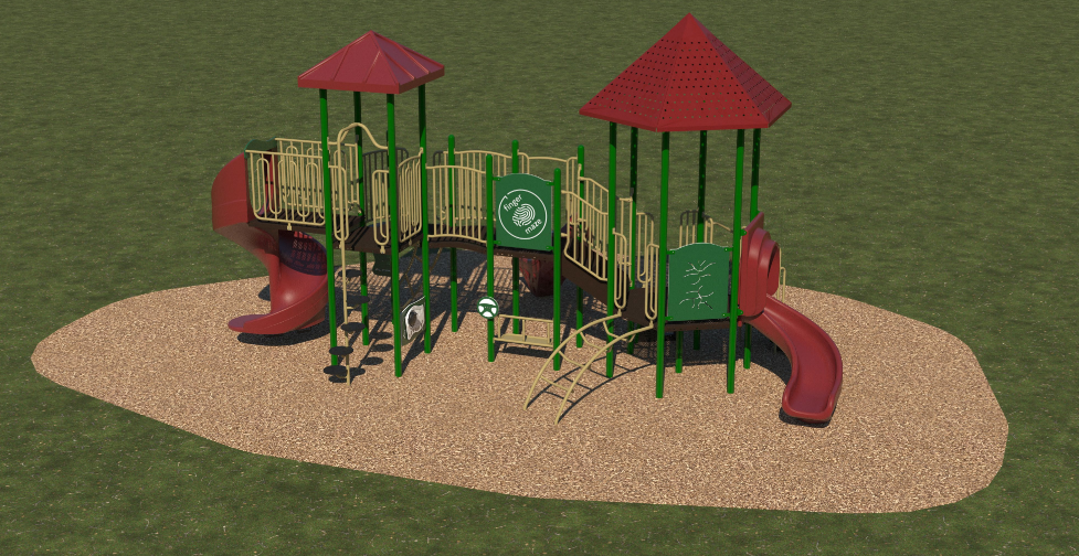 Outdoor playground with red spiral and curved slides, green climbing panels, bridges, and interactive play features on mulch surface