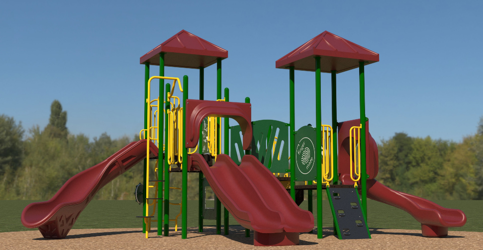 Outdoor playground with red slides, green and yellow climbing elements, interactive panels, and red roofs.