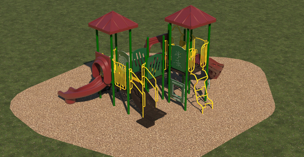 Playground with two red-roofed towers, yellow railings, multiple slides, climbers, and interactive play panels on wood chip ground