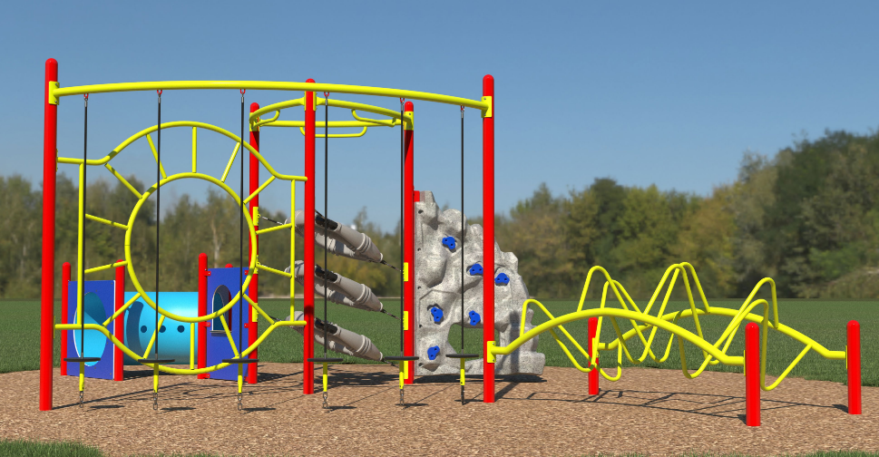 Colorful playground with red and yellow climbing frames, blue crawl tunnel, rock wall with blue grips, and twisting yellow bars