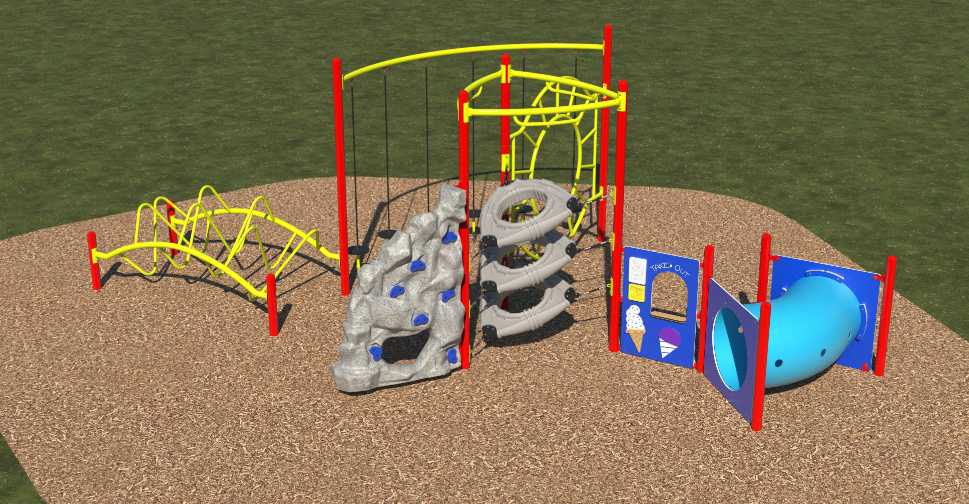 Colorful playground structure with climbing wall, spiral crawl tunnel, climbing nets, and interactive play panels on mulch surface