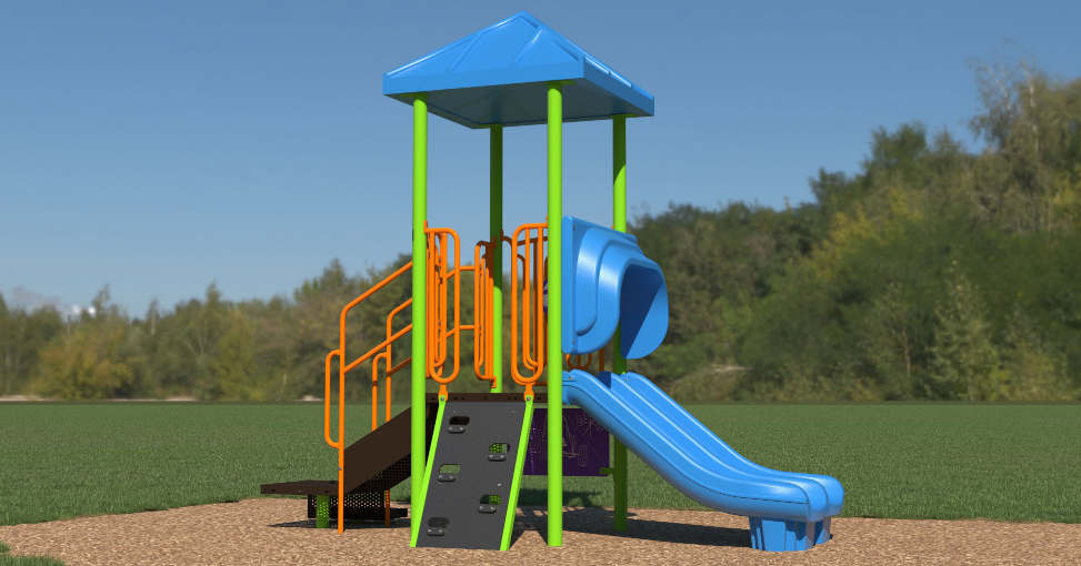 Colorful playground structure with blue double slides, green posts, orange railings, climbing panels, and interactive play panels on mulch surface