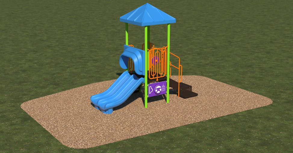 Compact children's playground with blue double slide, green posts, orange railings, and interactive purple play panels on mulch surface