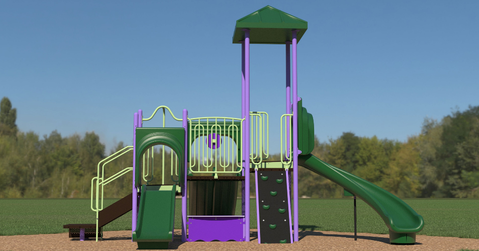 Colorful playground structure with slides, climbing walls, tunnel, and roofed platform on grassy field under clear sky