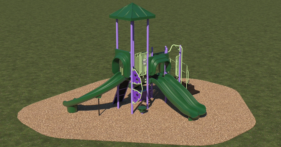 Playground structure with green slides, purple and light green climbing elements, green roof, on wood chip ground