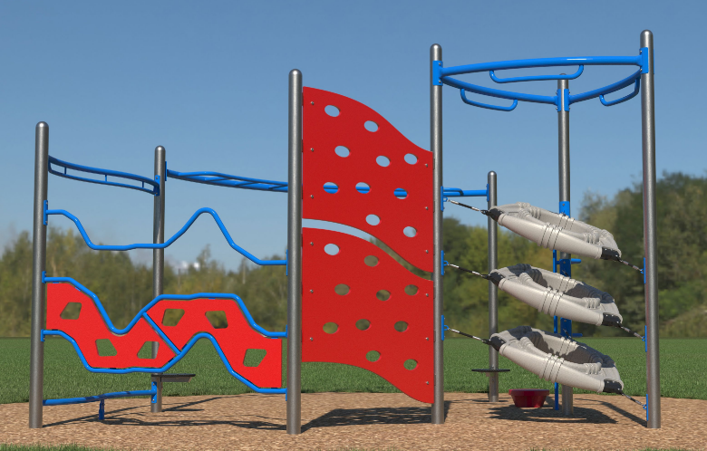 Outdoor playground climber with red perforated panel, blue wave bars, overhead ladder, spacewalker pods, and stepping stone on grass
