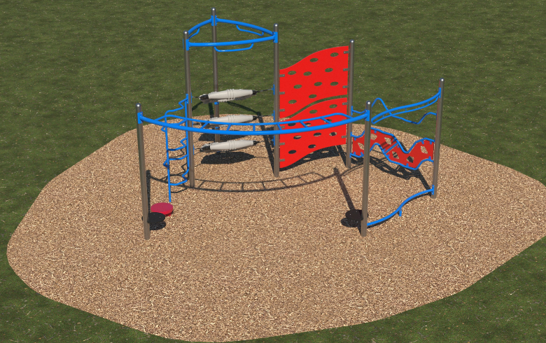 Children's playground with blue overhead ladder, red perforated climbing wall, snake balance beam, and stepping stones on wood chips