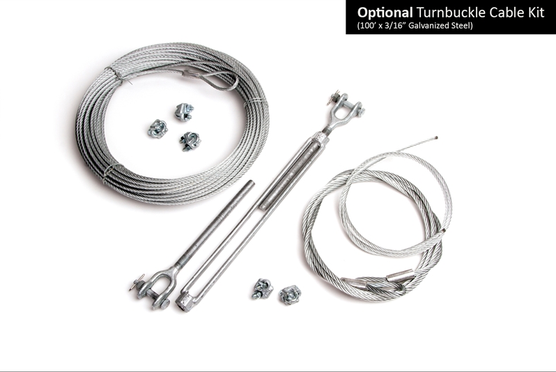 Coiled galvanized steel zip line cable with turnbuckle tensioning hardware and cable clamps for outdoor installation
