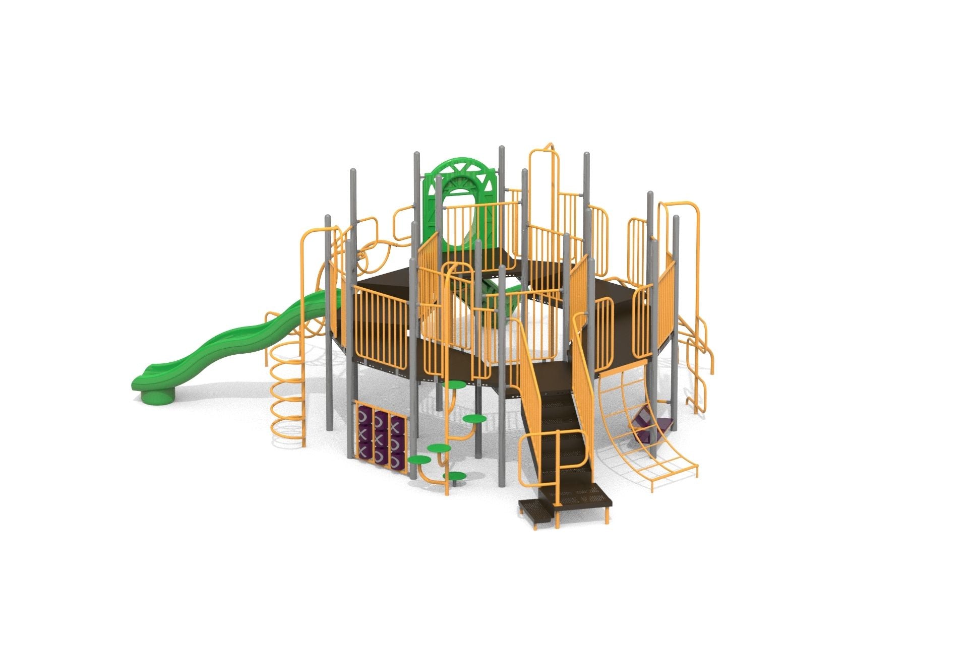 Elevated playground structure with green slide, orange climbing bars, and interactive tic-tac-toe panels