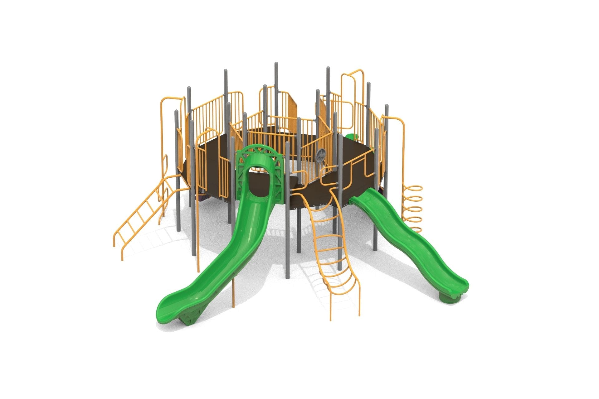 Multi-sided playground with green slides, orange climbing bars, and black safety panels promoting active, educational play