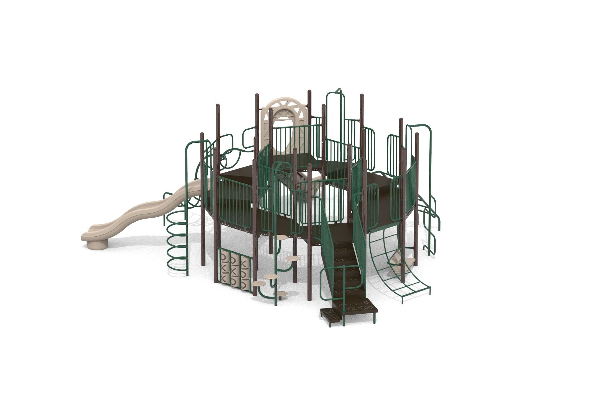 Elevated playground with slides, climbing nets, spiral ladder, and interactive tic-tac-toe panels for active, educational play